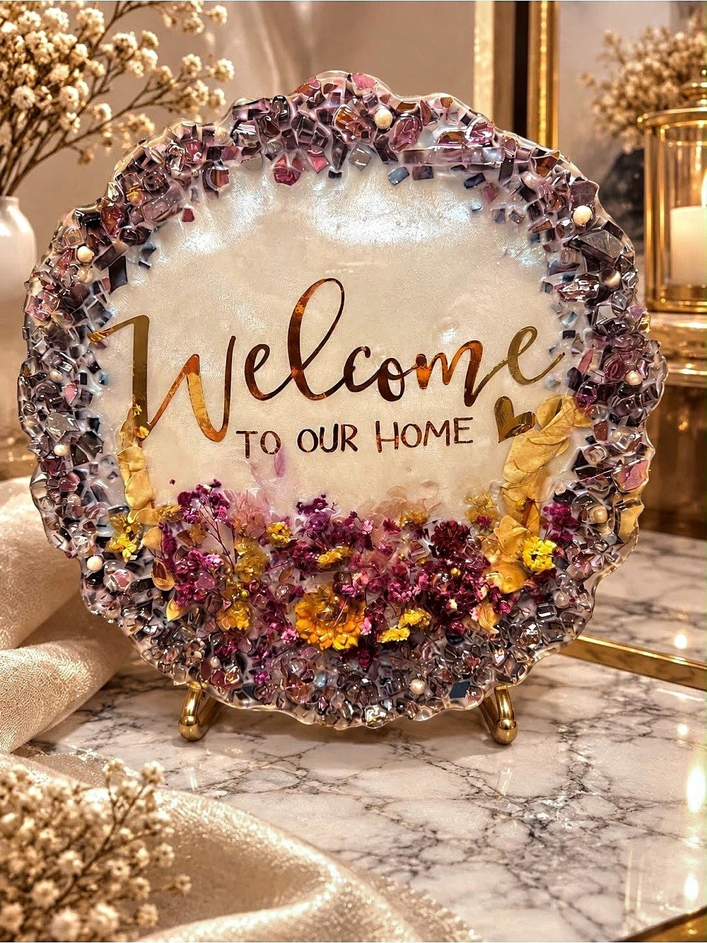 14in resin plaque Welcome to Our Home Floral Decor